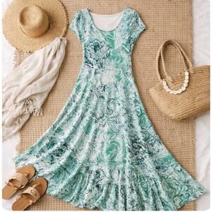 Peruvian Connection Sz M Green Botanical Print Maxi Dress Scoop Neck Tiered Boho